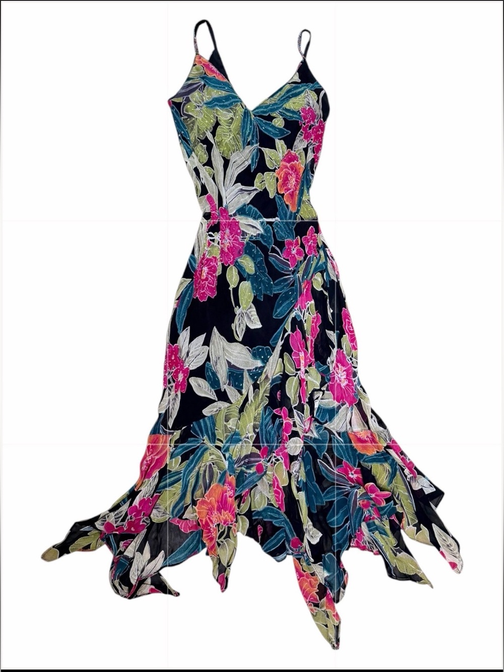 Y2K Eva Blue Petite Tropical Floral Beaded Handkerchief Hem Dress Size 4 Fairy B